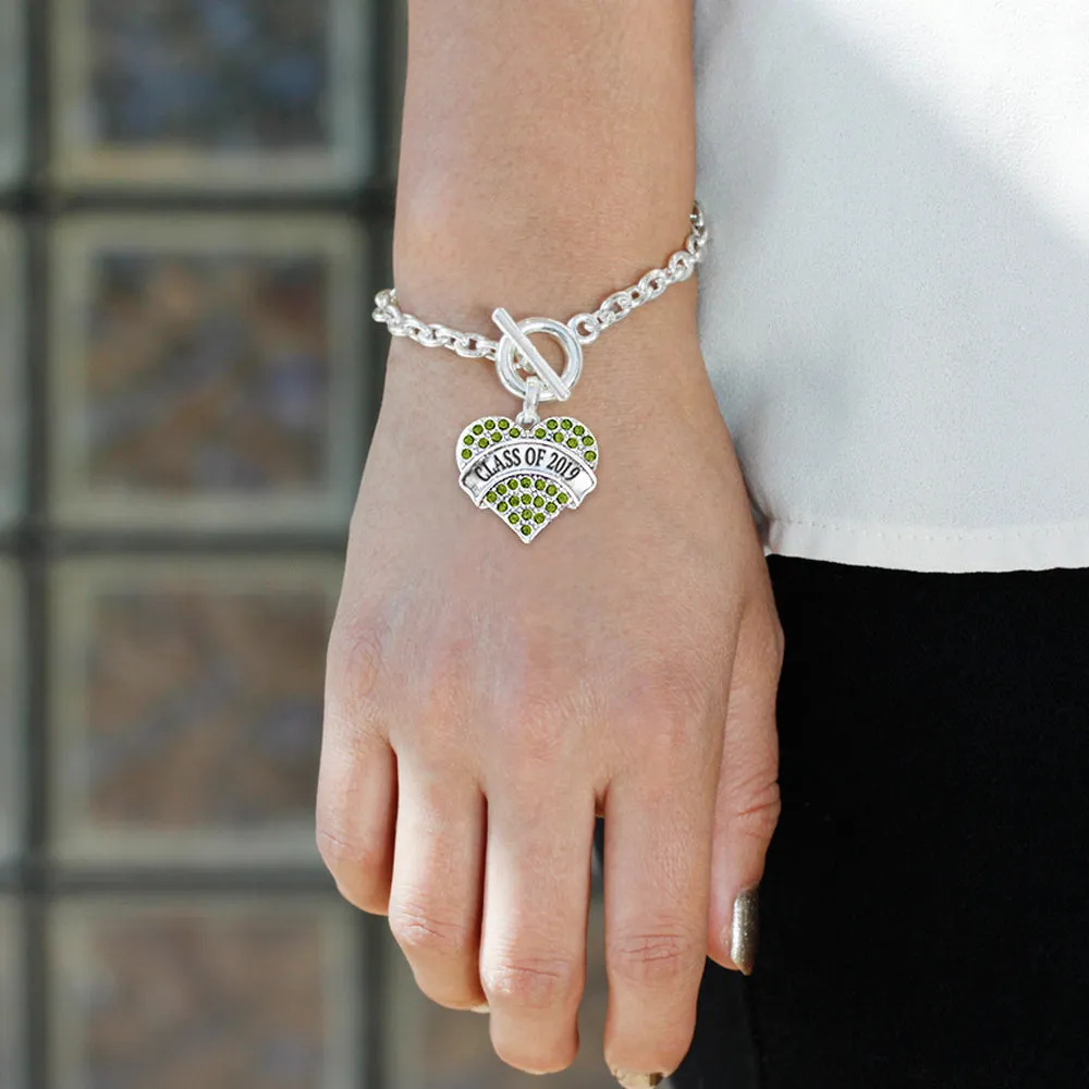 Silver Class of 2019 Green Green Pave Heart Charm Toggle Bracelet