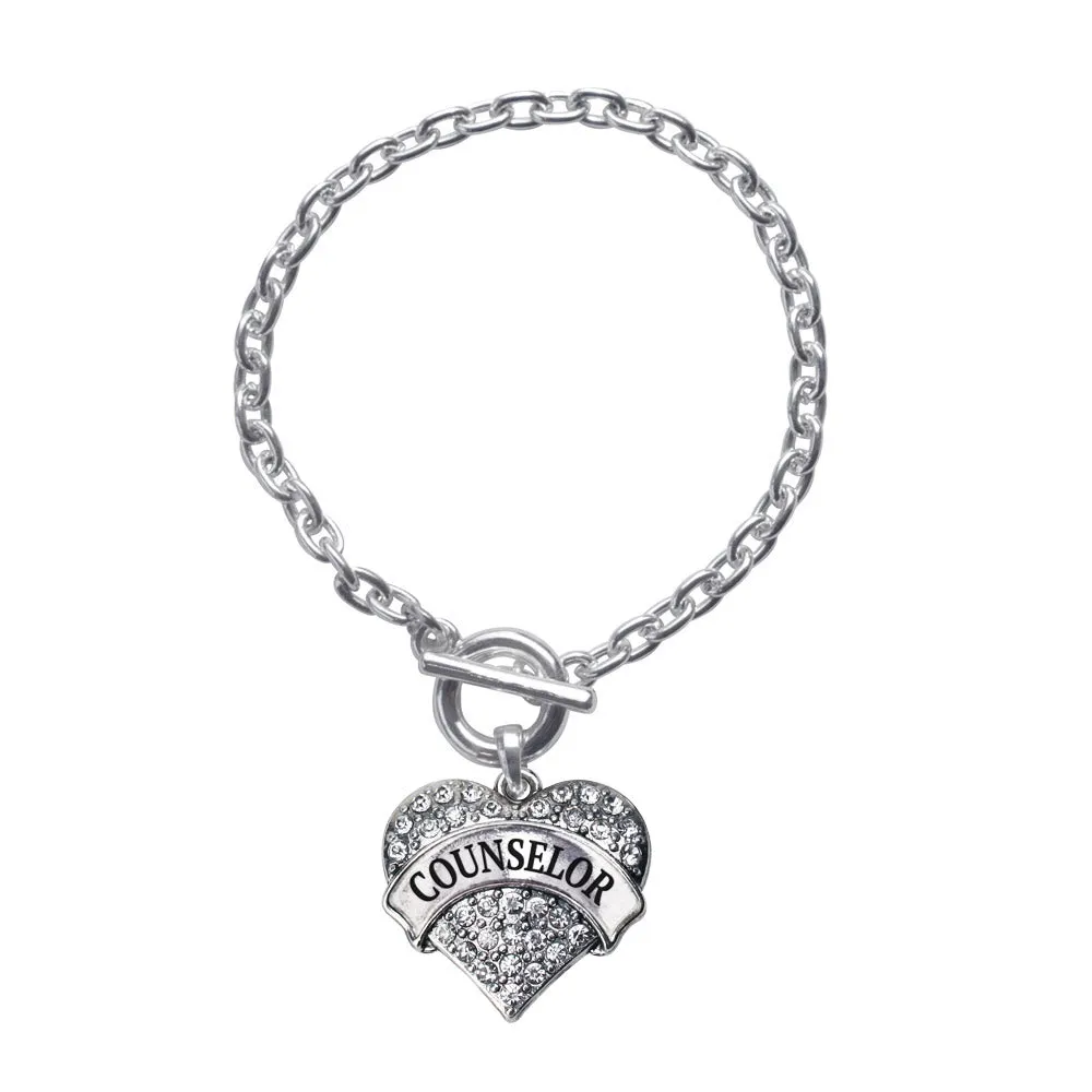 Silver Counselor Pave Heart Charm Toggle Bracelet