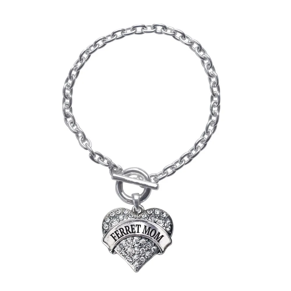 Silver Ferret Mom Pave Heart Charm Toggle Bracelet