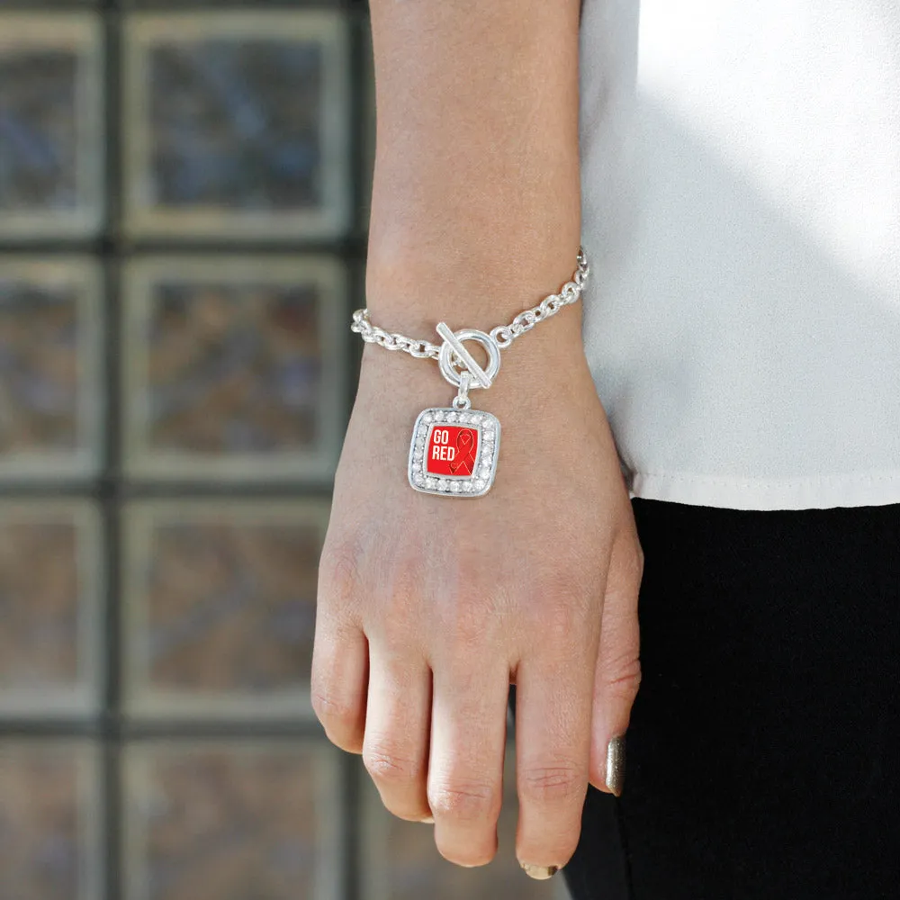 Silver Go Red Heart Disease Awareness Square Charm Toggle Bracelet