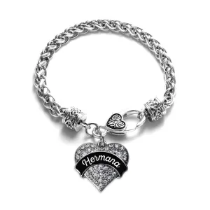 Silver Hermana - Black and White Pave Heart Charm Braided Bracelet