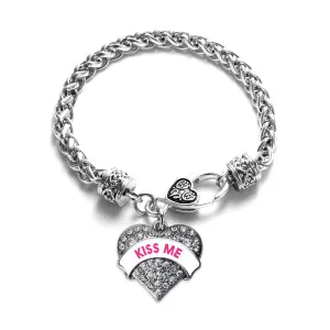 Silver Kiss Me White Candy Pave Heart Charm Braided Bracelet