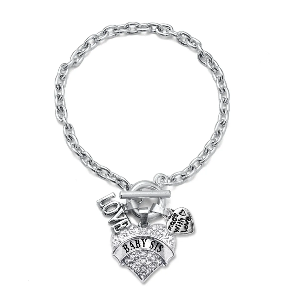 Silver Love Baby Sis Pave Heart Charm Toggle Bracelet