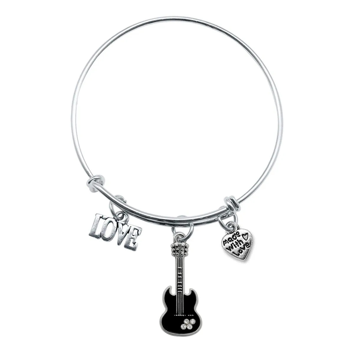 Silver Love Guitar Charm Wire Bangle Bracelet