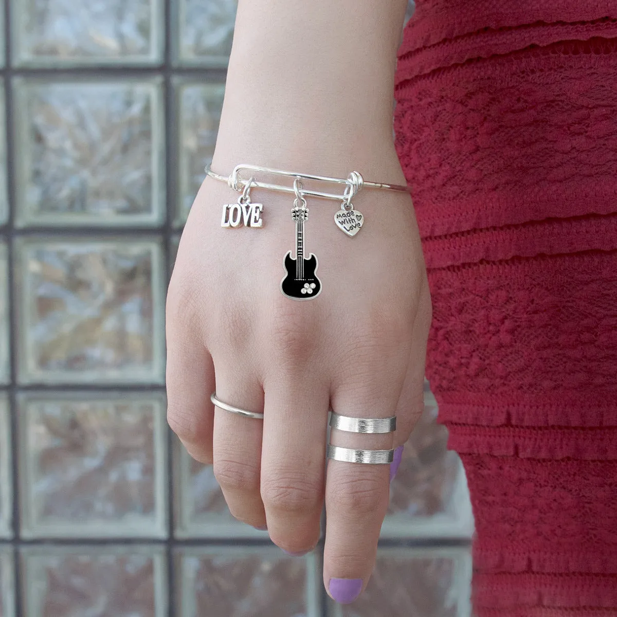 Silver Love Guitar Charm Wire Bangle Bracelet