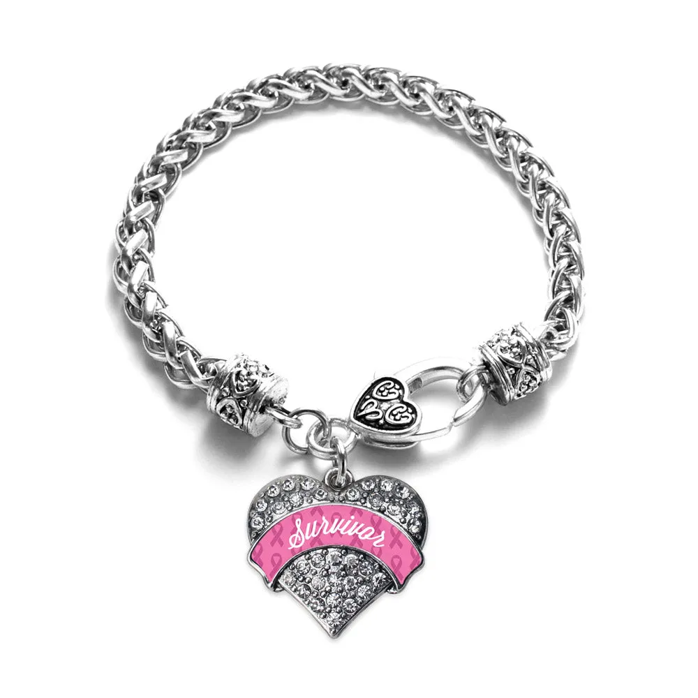 Silver Pink Survivor Pave Heart Charm Braided Bracelet