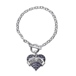 Silver Police Sister Blue Pave Heart Charm Toggle Bracelet