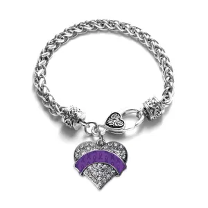 Silver Purple Ribbon Support Pave Heart Charm Braided Bracelet