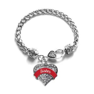 Silver Red Sister Pave Heart Charm Braided Bracelet