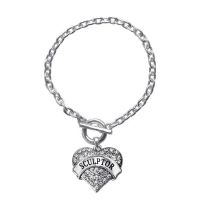 Silver Sculptor Pave Heart Charm Toggle Bracelet