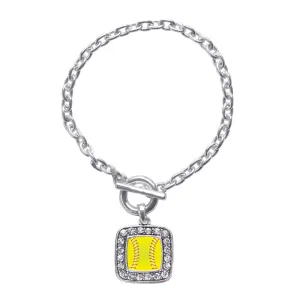 Silver Softball Square Charm Toggle Bracelet