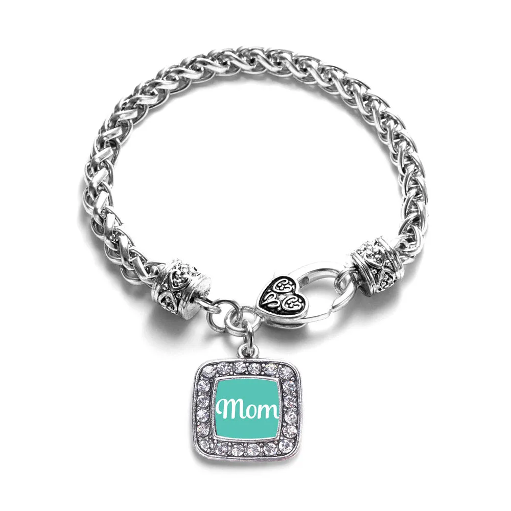 Silver Teal Mom Square Charm Braided Bracelet