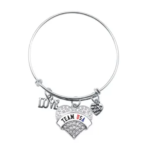 Silver Team USA - White Banner Pave Heart Charm Wire Bangle Bracelet