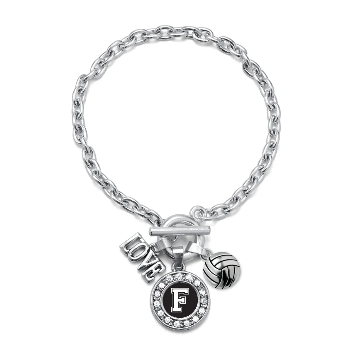 Silver Volleyball - Sports Initial F Circle Charm Toggle Bracelet