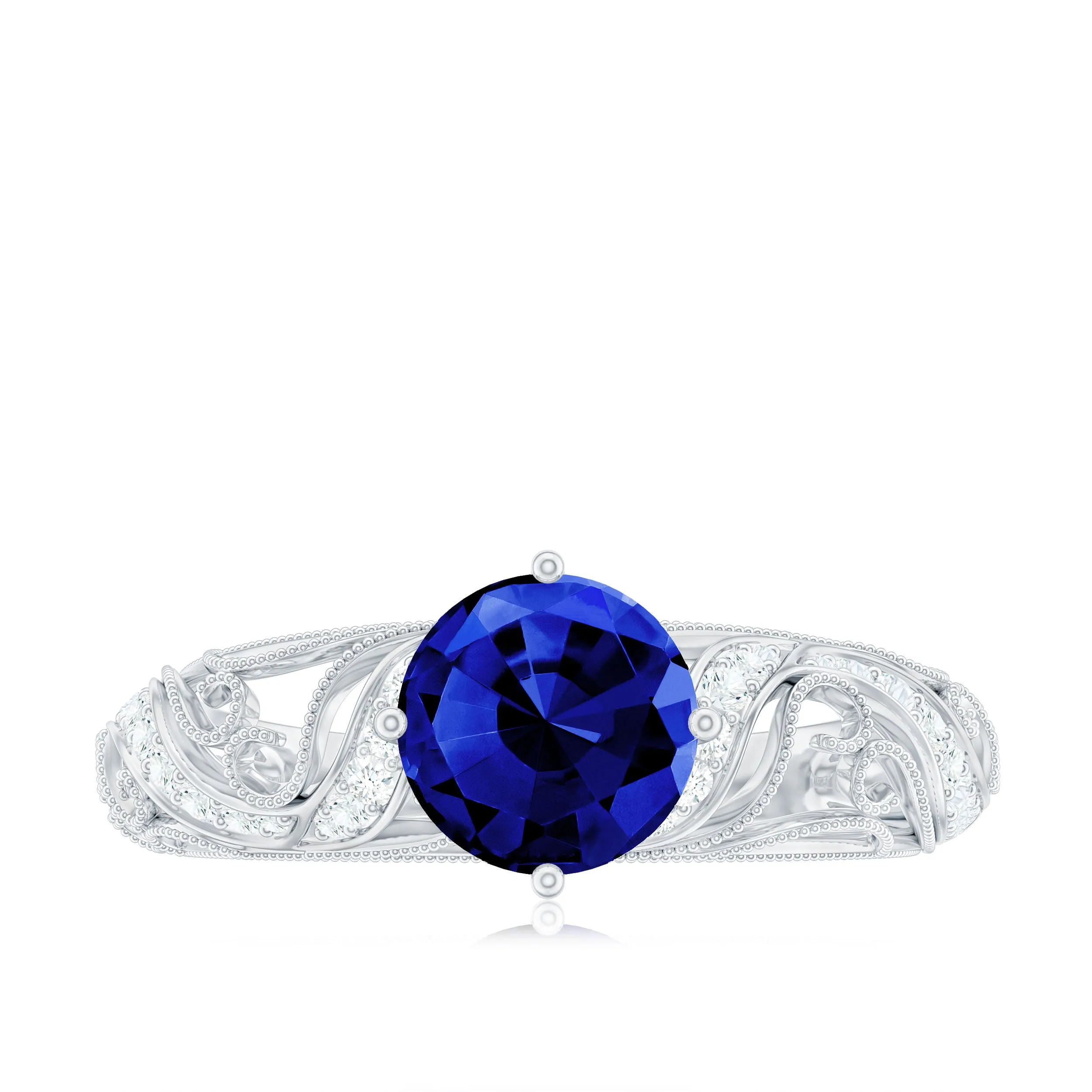 Solitaire Created Blue Sapphire Vintage Inspired Engagement Ring with Diamond