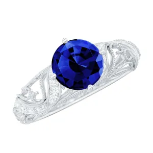 Solitaire Created Blue Sapphire Vintage Inspired Engagement Ring with Diamond