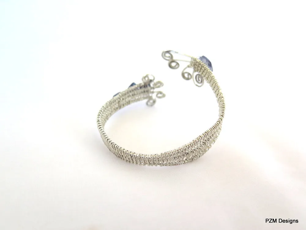 Sterling Silver Woven Cuff Bracelet with Blue Iolite, Gift for Her