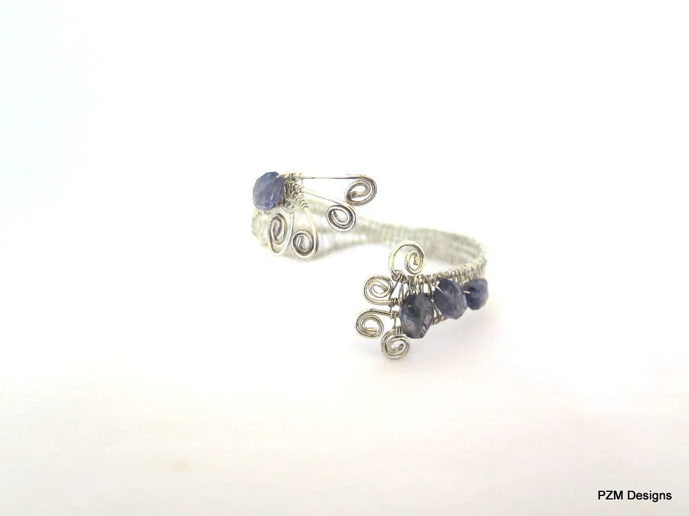 Sterling Silver Woven Cuff Bracelet with Blue Iolite, Gift for Her