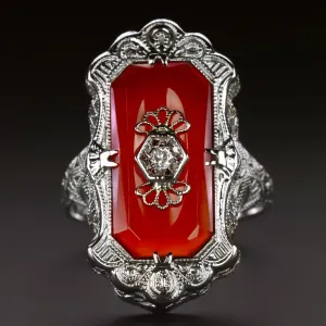 VINTAGE DIAMOND CARNELIAN COCKTAIL RING ART DECO 14k WHITE GOLD FILIGREE ESTATE