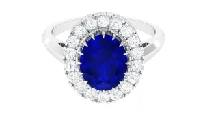 Vintage Style Oval Created Blue Sapphire and Diamond Crown Engagement Ring