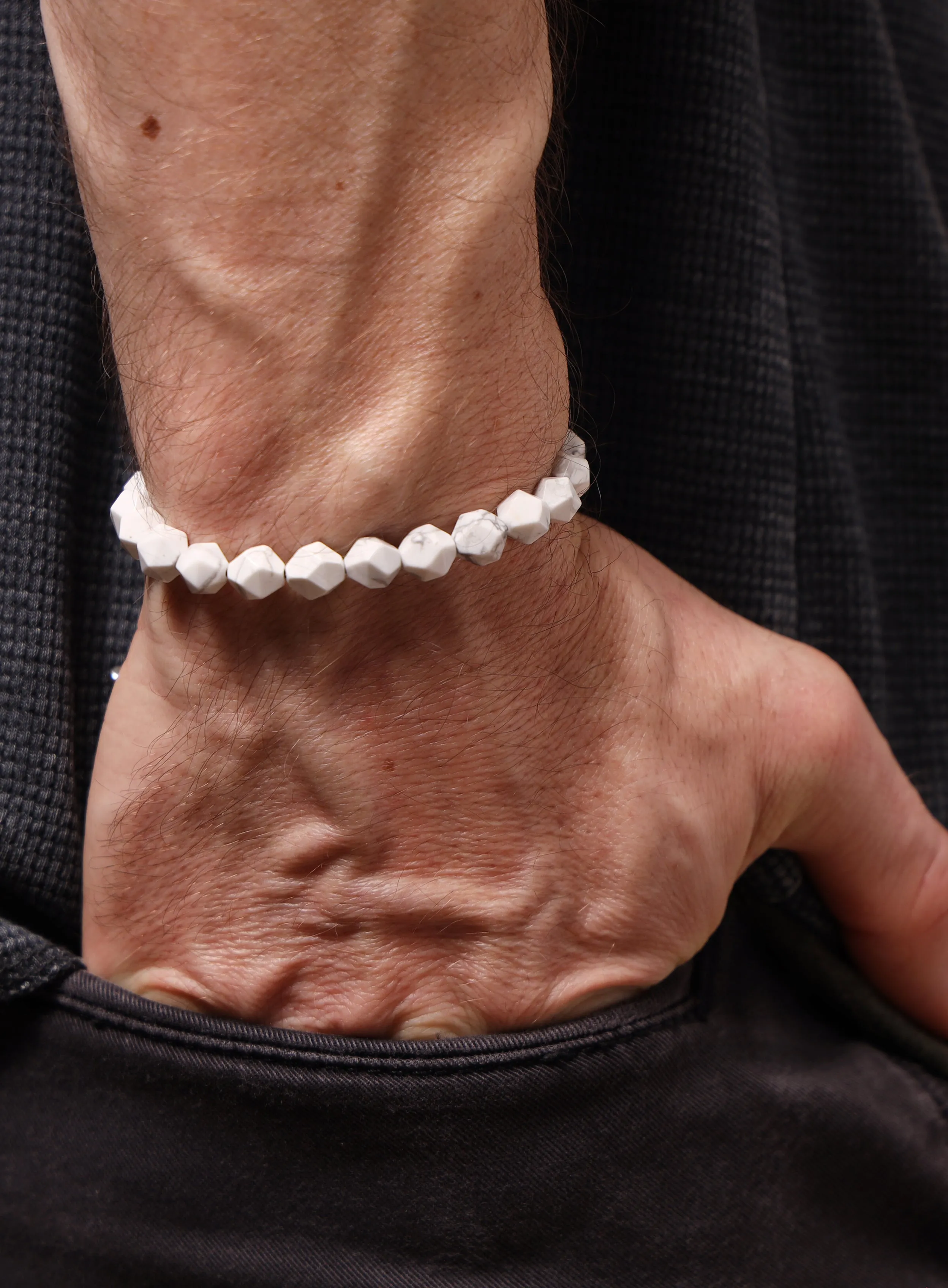 White Howlite and Sterling Silver Bead Bracelet for Men