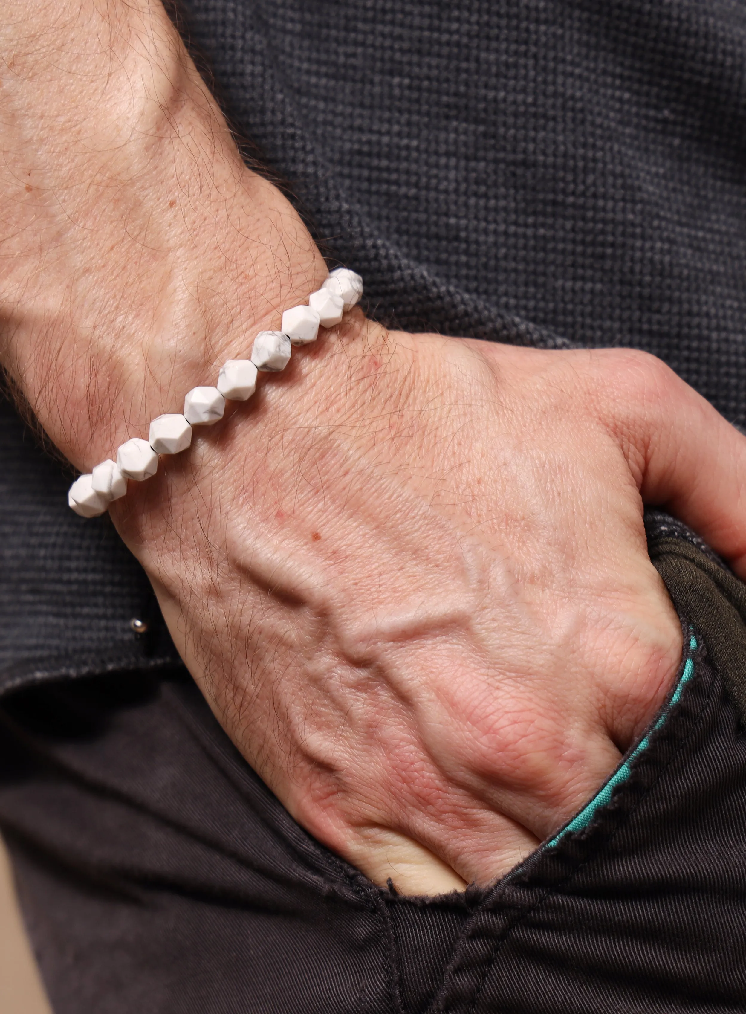 White Howlite and Sterling Silver Bead Bracelet for Men