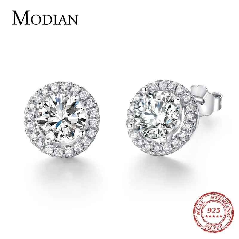 Womens Stud Sterling Silver Zircon White Crystal Earrings